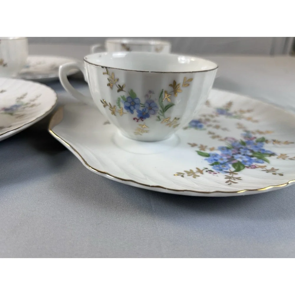 Vintage Japan Tea Cup Saucer Set 4 Blue Floral‎ Gold Trim Scalloped